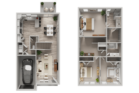 Two floor plans of a house with a car parked in the garage.